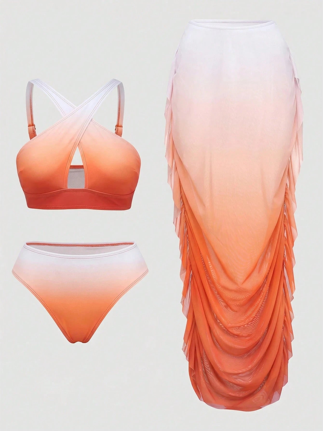 Slaydiva Plus Size Vacation Beach Gradient Bikini Swimsuit With Ruffle Cover-Up Skirt Set