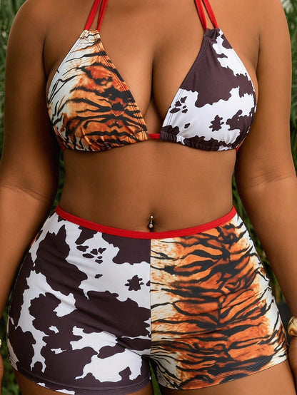 Slaydiva Plus Size Women 2pcs Set Random Print Spaghetti Strap Beach Party Vacation Holiday Bikini Swimwear White Summer