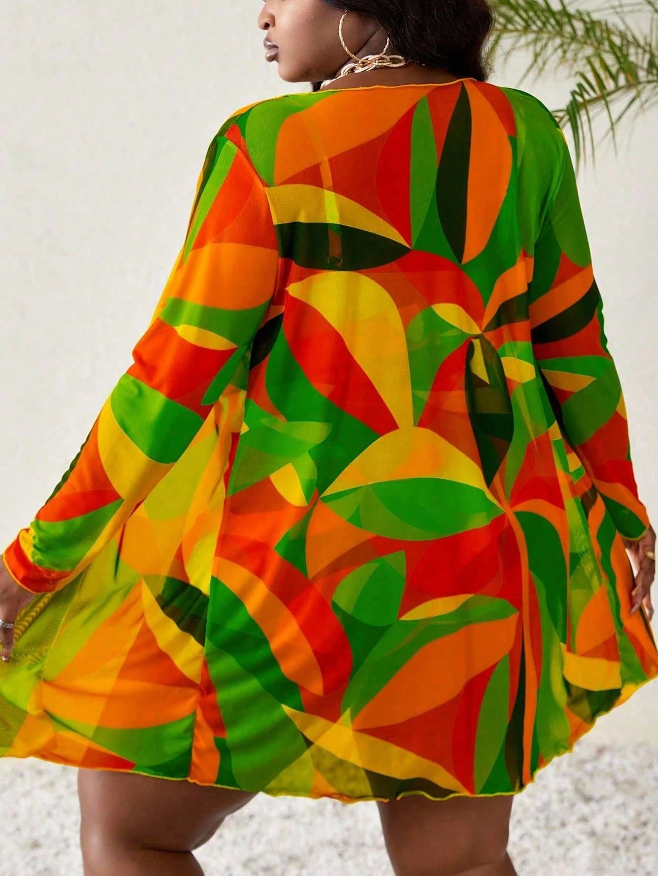 Slaydiva Plus Size Women Knitted Random Printed Sheer Kimono Beach Cover Up For Summer Beach Vacation