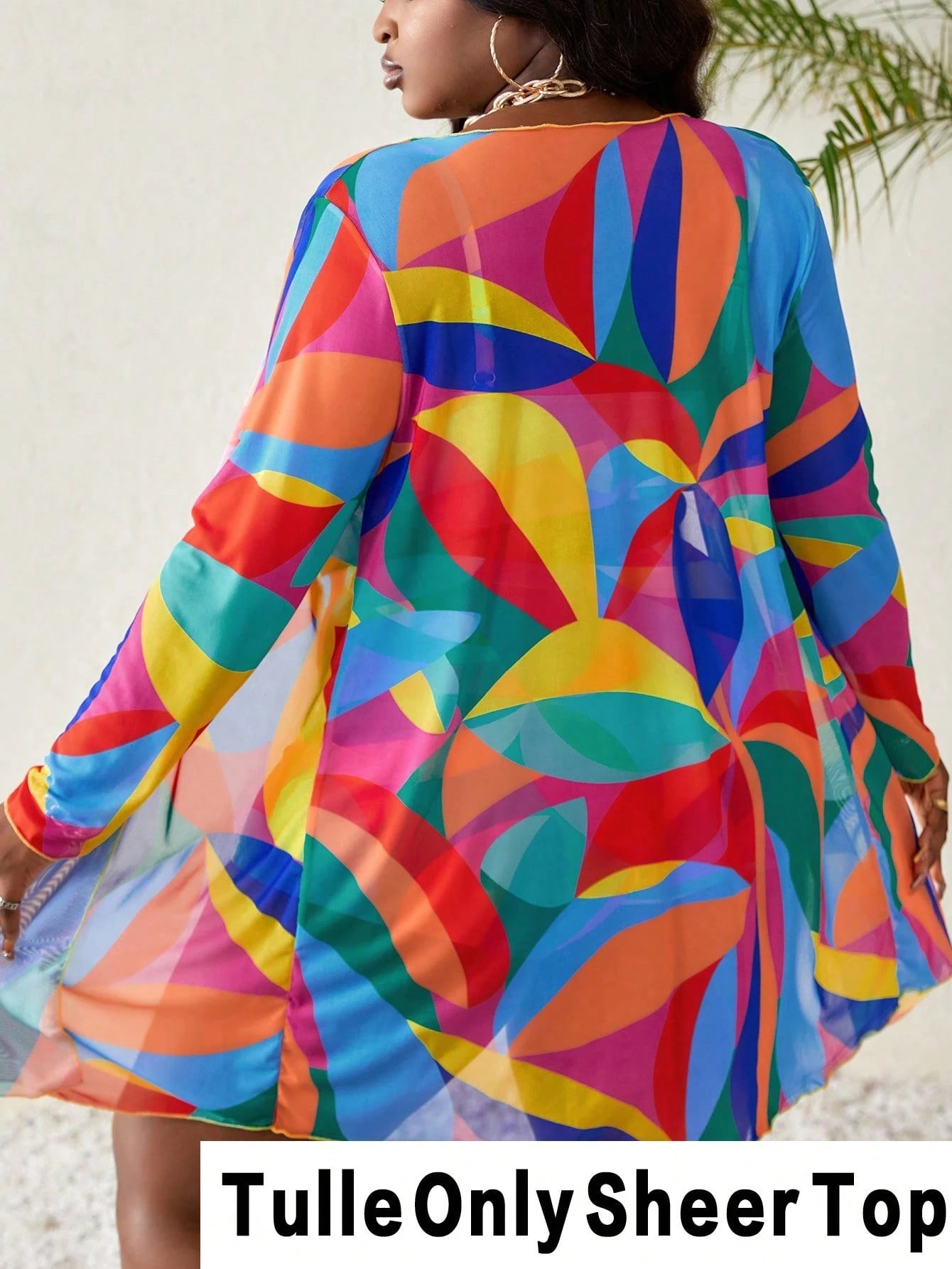 Slaydiva Plus Size Women Knitted Random Printed Sheer Kimono Beach Cover Up For Summer Beach Vacation