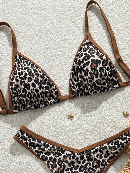 Slaydiva Plus Size Women Leopard Print Spaghetti Strap Backless Triangle Bikini Set, Vacation Beach White Summer Sexy