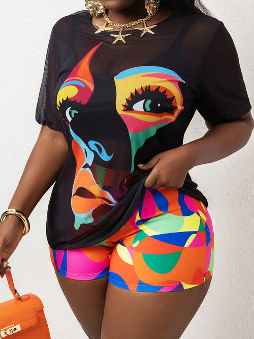 Slaydiva Plus Size Women Multi-Color Abstract Face Print Tankini Set For Summer Beach Vacation