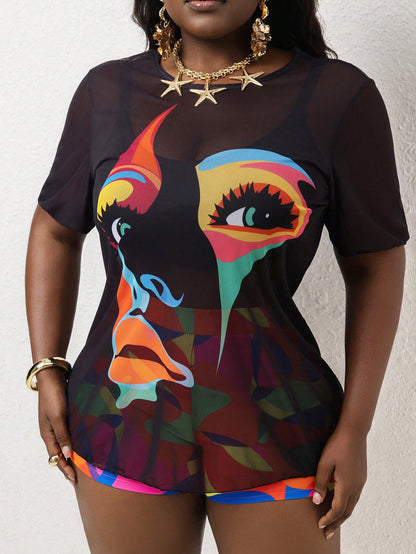 Slaydiva Plus Size Women Multi-Color Abstract Face Print Tankini Set For Summer Beach Vacation