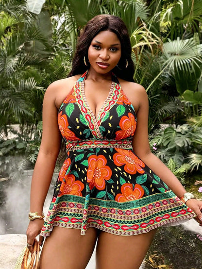 Slaydiva Plus Size Women's 2-Piece Swimsuit, 2026 New Arrival, Fashionable Holiday Everyday Casual Boho Curve, Swimdress Beach Vacation Summer