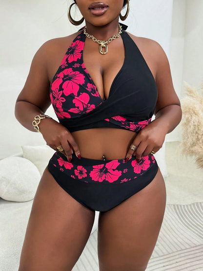 Slaydiva Plus Size Women's 2 Pieces Contrast Floral Printed Top & Solid Bottom Bikini Set, Vacation Summer Beach Outfit