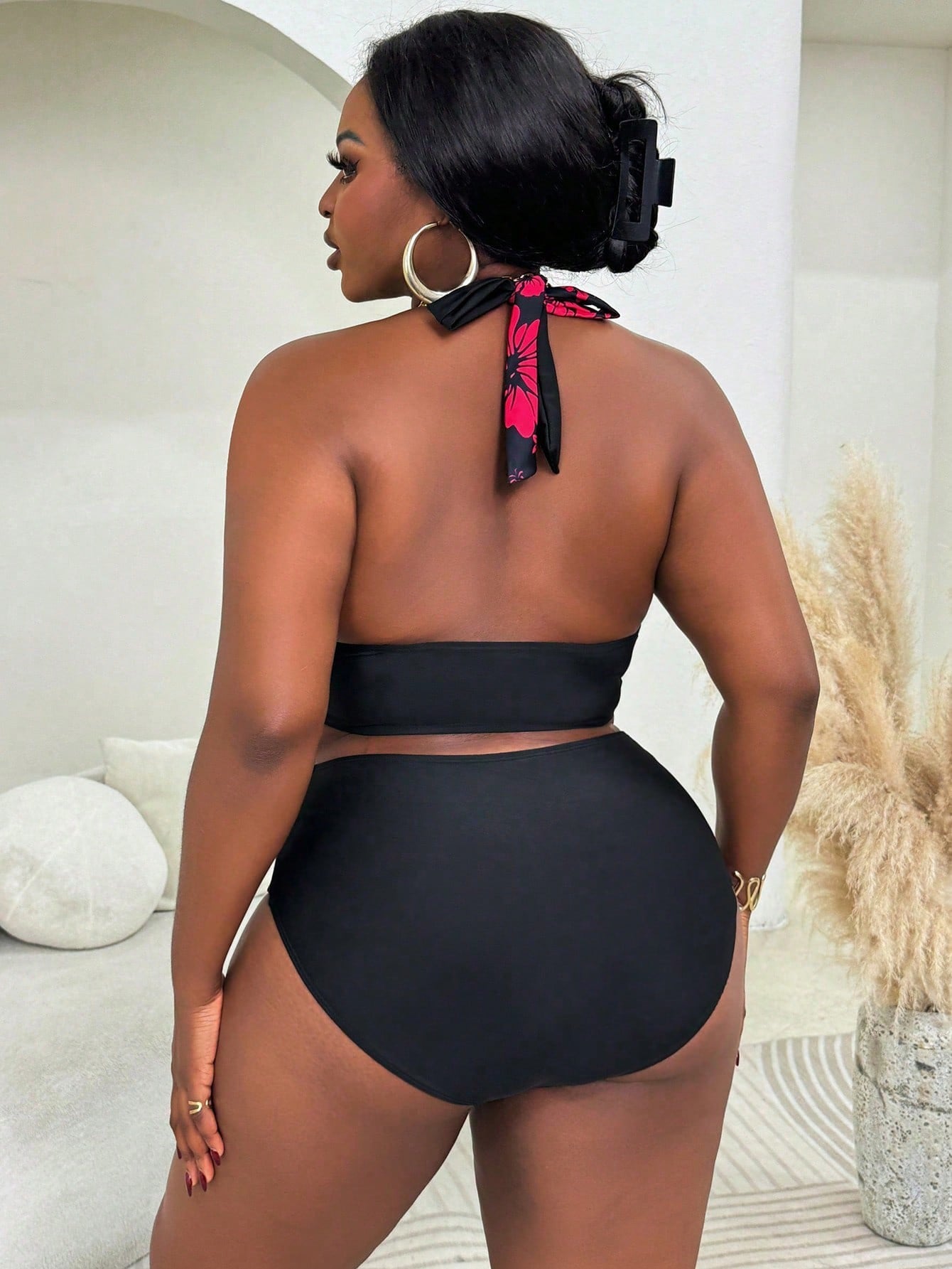 Slaydiva Plus Size Women's 2 Pieces Contrast Floral Printed Top & Solid Bottom Bikini Set, Vacation Summer Beach Outfit
