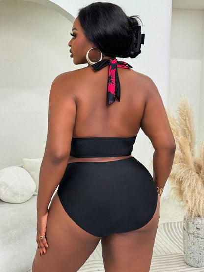 Slaydiva Plus Size Women's 2 Pieces Contrast Floral Printed Top & Solid Bottom Bikini Set, Vacation Summer Beach Outfit