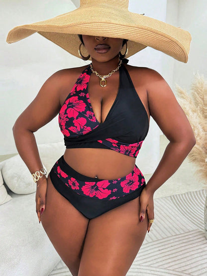 Slaydiva Plus Size Women's 2 Pieces Contrast Floral Printed Top & Solid Bottom Bikini Set, Vacation Summer Beach Outfit