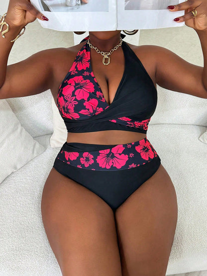 Slaydiva Plus Size Women's 2 Pieces Contrast Floral Printed Top & Solid Bottom Bikini Set, Vacation Summer Beach Outfit