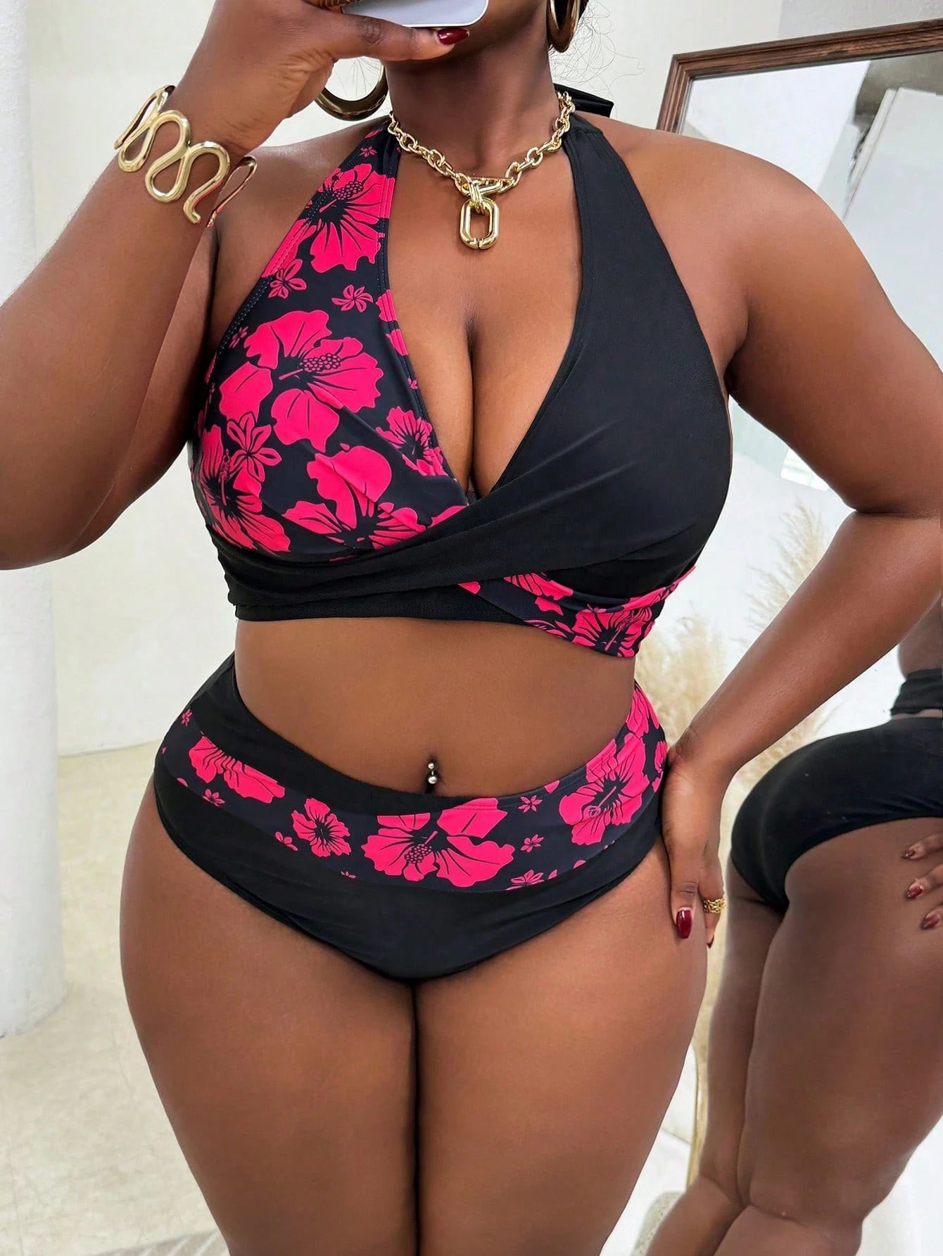 Slaydiva Plus Size Women's 2 Pieces Contrast Floral Printed Top & Solid Bottom Bikini Set, Vacation Summer Beach Outfit