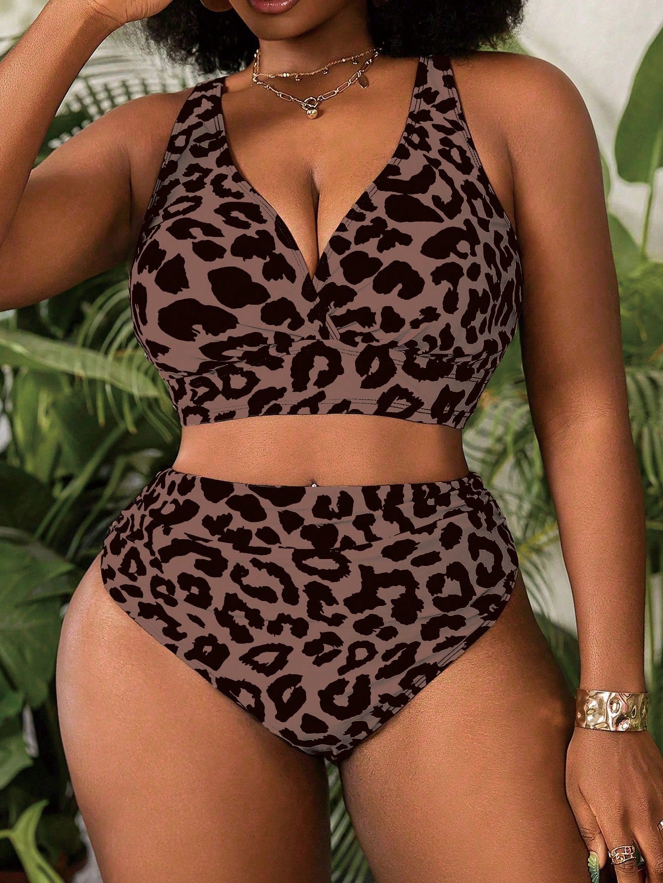 Slaydiva Plus Size Women's 2pcs Leopard Print V-Neck High Waist Triangle Bikini Swimwear Beach Vacation Summer