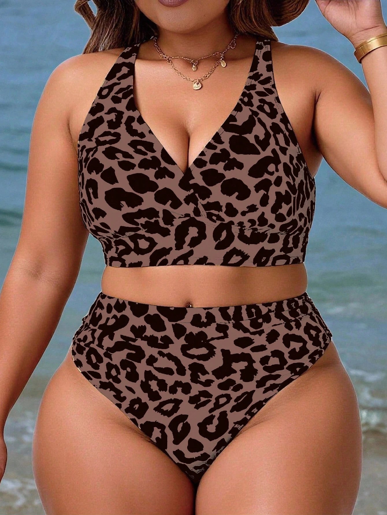 Slaydiva Plus Size Women's 2pcs Leopard Print V-Neck High Waist Triangle Bikini Swimwear Beach Vacation Summer