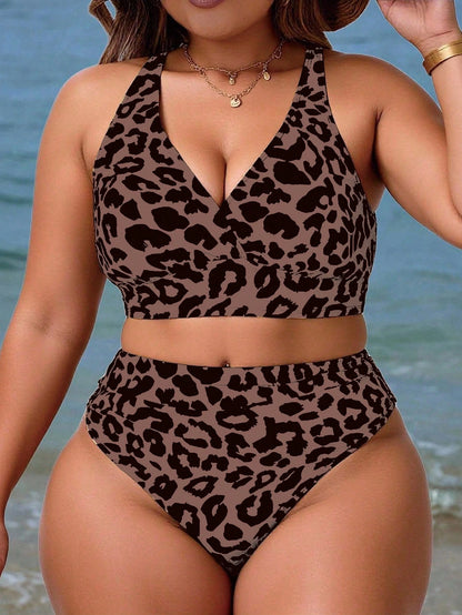 Slaydiva Plus Size Women's 2pcs Leopard Print V-Neck High Waist Triangle Bikini Swimwear Beach Vacation Summer
