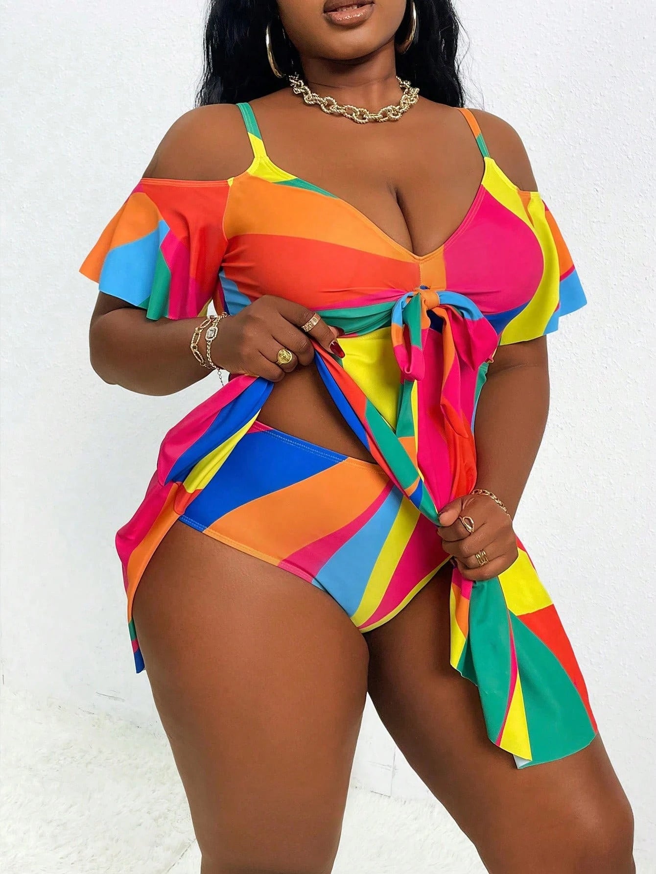 Slaydiva Plus Size Women's Cold Shoulder Ruffles Sleeve Beach Resort Spaghetti Strap Tankini Set, For Summer Vacation