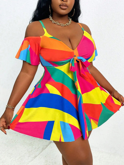 Slaydiva Plus Size Women's Cold Shoulder Ruffles Sleeve Beach Resort Spaghetti Strap Tankini Set, For Summer Vacation