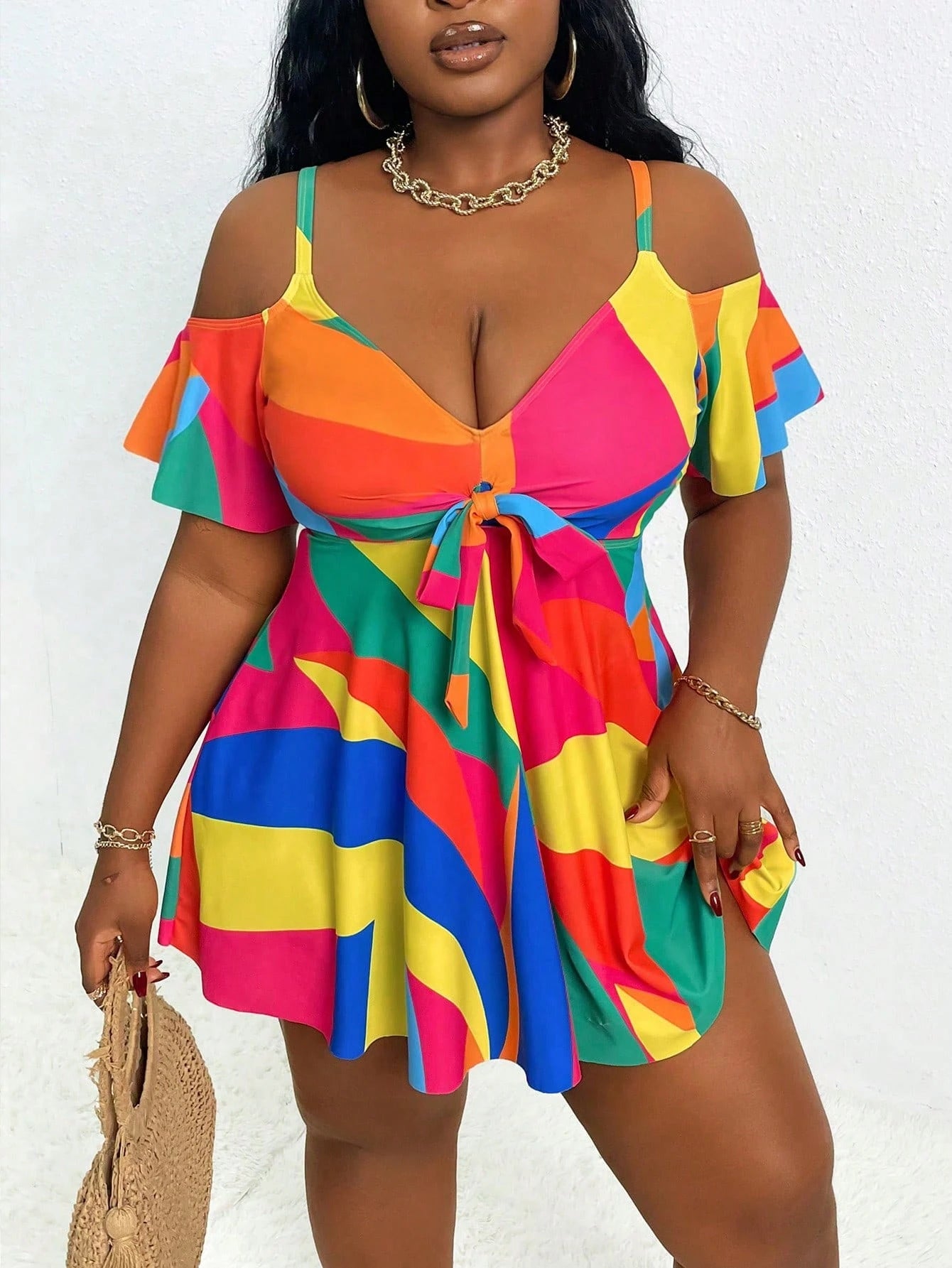 Slaydiva Plus Size Women's Cold Shoulder Ruffles Sleeve Beach Resort Spaghetti Strap Tankini Set, For Summer Vacation