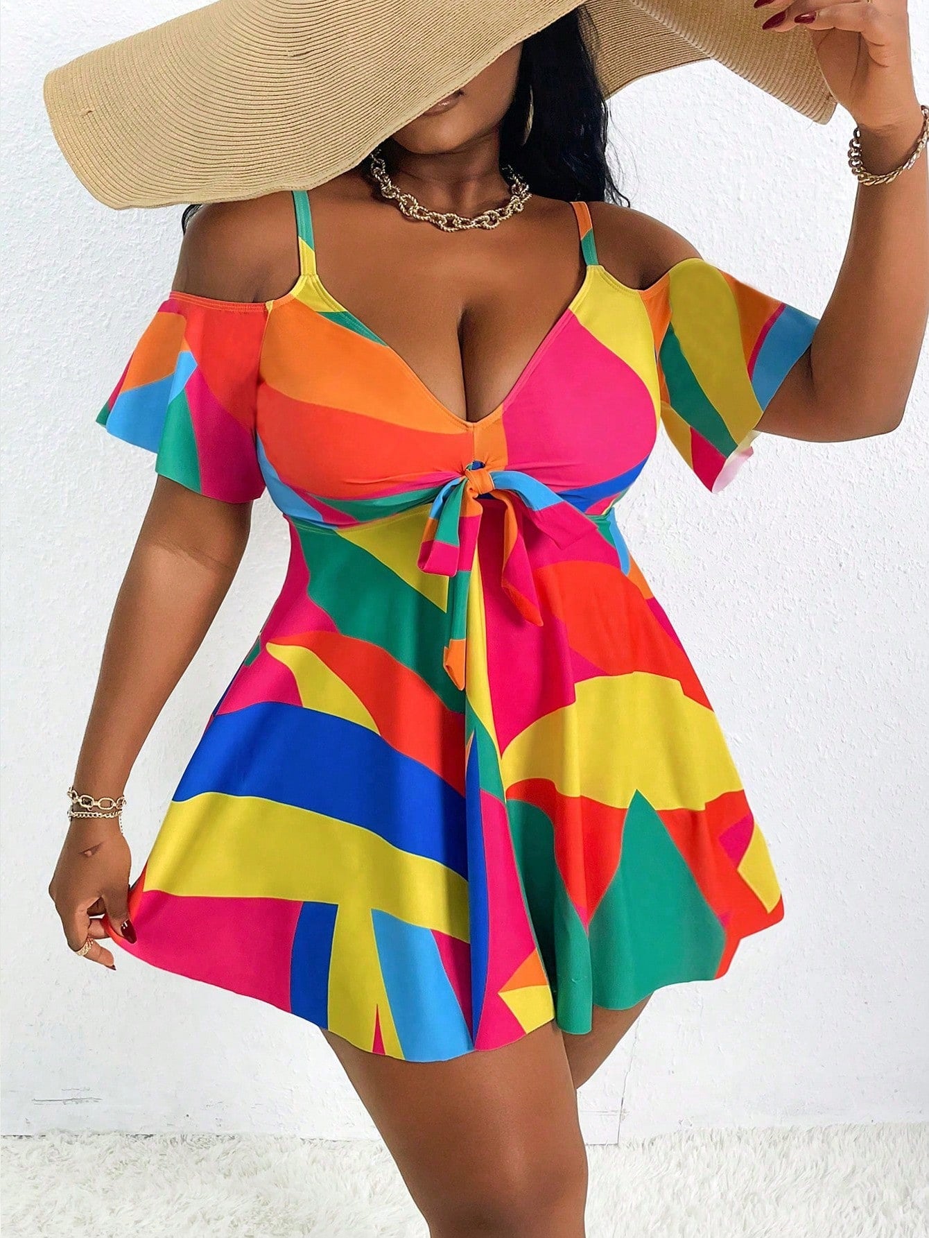 Slaydiva Plus Size Women's Cold Shoulder Ruffles Sleeve Beach Resort Spaghetti Strap Tankini Set, For Summer Vacation
