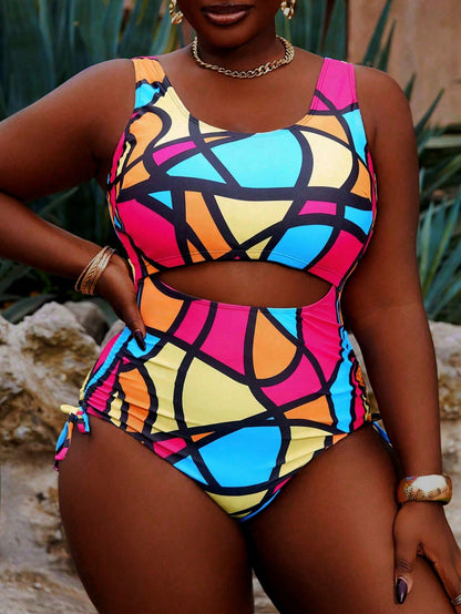 Slaydiva Plus Size Women's Multi-Color Plaid Print Hollow Out Tummy Control Ruffle Sexy One-Piece Swimsuit