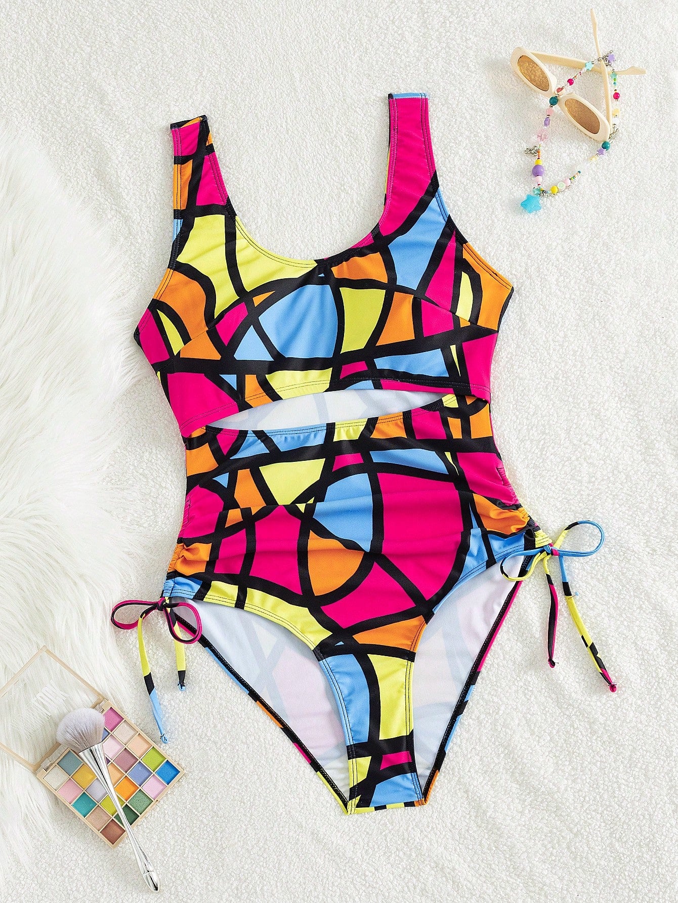 Slaydiva Plus Size Women's Multi-Color Plaid Print Hollow Out Tummy Control Ruffle Sexy One-Piece Swimsuit