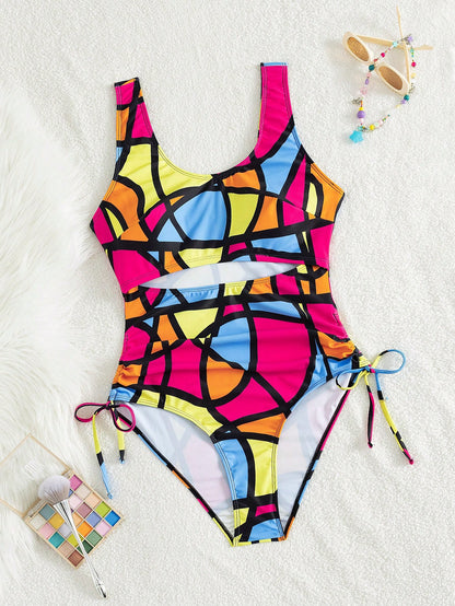 Slaydiva Plus Size Women's Multi-Color Plaid Print Hollow Out Tummy Control Ruffle Sexy One-Piece Swimsuit
