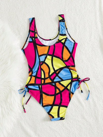 Slaydiva Plus Size Women's Multi-Color Plaid Print Hollow Out Tummy Control Ruffle Sexy One-Piece Swimsuit