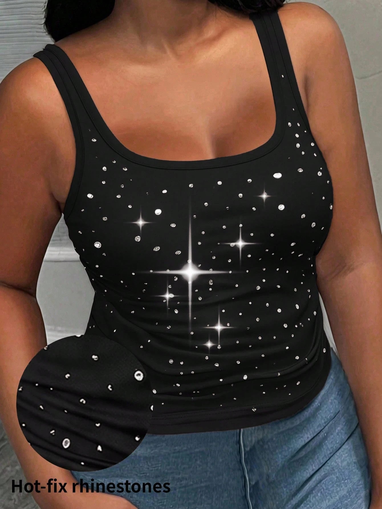 Slaydiva Plus Size Women's Rhinestone Fashion Versatile Elegant Sexy Tank Top Concert Black Summer