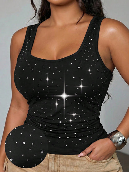 Slaydiva Plus Size Women's Rhinestone Fashion Versatile Elegant Sexy Tank Top Concert Black Summer