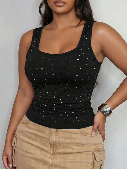 Slaydiva Plus Size Women's Rhinestone Fashion Versatile Elegant Sexy Tank Top Concert Black Summer