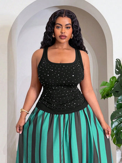 Slaydiva Plus Size Women's Rhinestone Fashion Versatile Elegant Sexy Tank Top Concert Black Summer