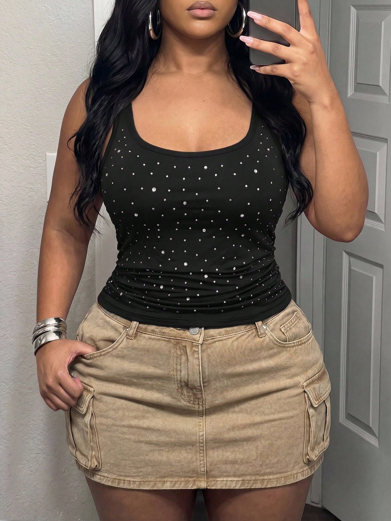 Slaydiva Plus Size Women's Rhinestone Fashion Versatile Elegant Sexy Tank Top Concert Black Summer
