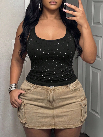 Slaydiva Plus Size Women's Rhinestone Fashion Versatile Elegant Sexy Tank Top Concert Black Summer