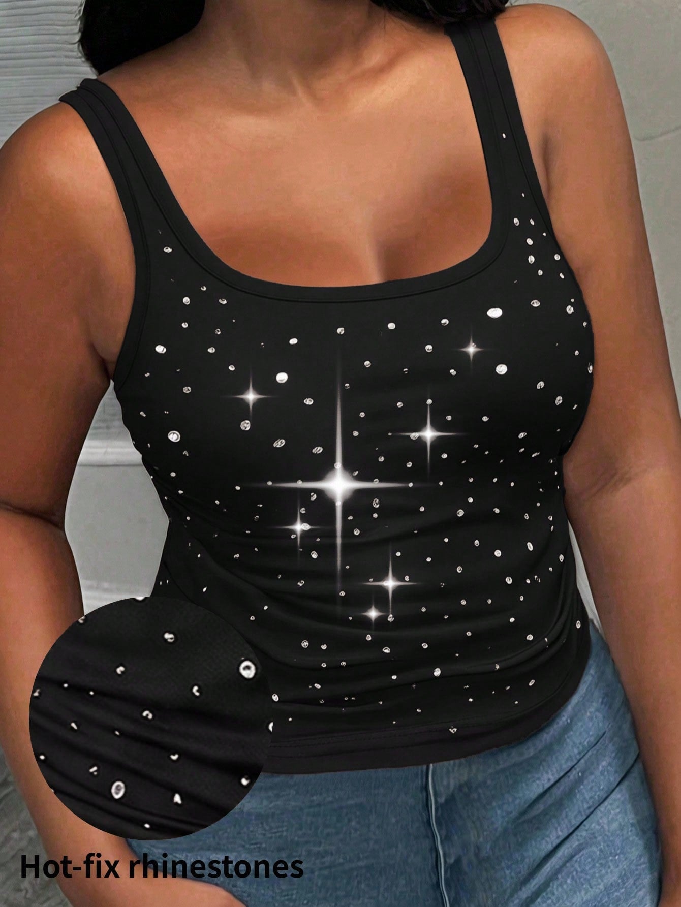 Slaydiva Plus Size Women's Rhinestone Fashion Versatile Elegant Sexy Tank Top Concert Black Summer