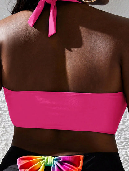 Slaydiva Plus Size Women's Summer Beach Solid Color Sexy Halter Bikini Top