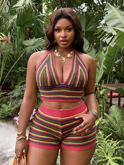 Slaydiva Plus Size Women's Vacation Striped Cropped Halter Neck Cover Up Top And Cover Up Shorts Set