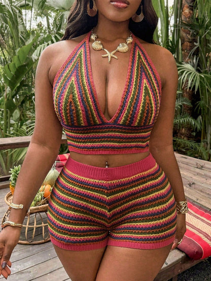Slaydiva Plus Size Women's Vacation Striped Cropped Halter Neck Cover Up Top And Cover Up Shorts Set
