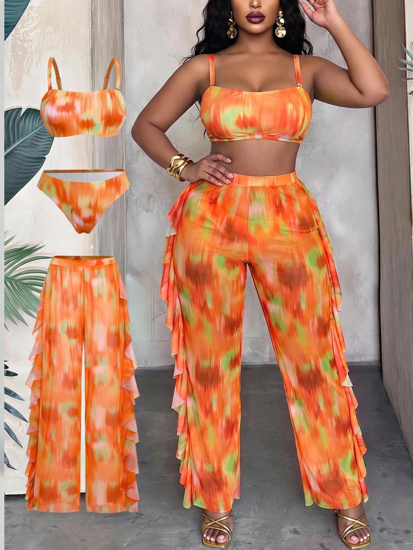 Slaydiva Plus Size Women Tie-Dye Halter Top & Triangle Bottoms Swimwear With Mesh Cover Up Pants 3-Piece Set