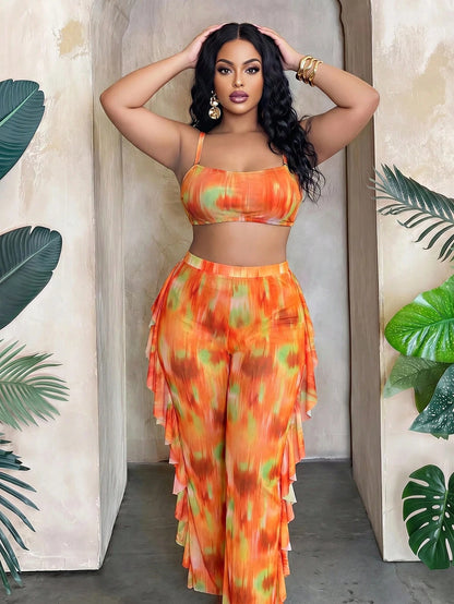 Slaydiva Plus Size Women Tie-Dye Halter Top & Triangle Bottoms Swimwear With Mesh Cover Up Pants 3-Piece Set