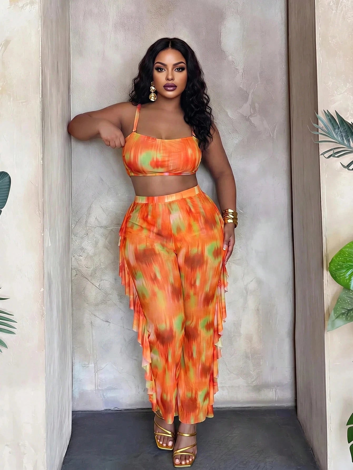 Slaydiva Plus Size Women Tie-Dye Halter Top & Triangle Bottoms Swimwear With Mesh Cover Up Pants 3-Piece Set