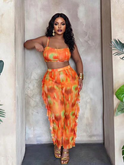 Slaydiva Plus Size Women Tie-Dye Halter Top & Triangle Bottoms Swimwear With Mesh Cover Up Pants 3-Piece Set