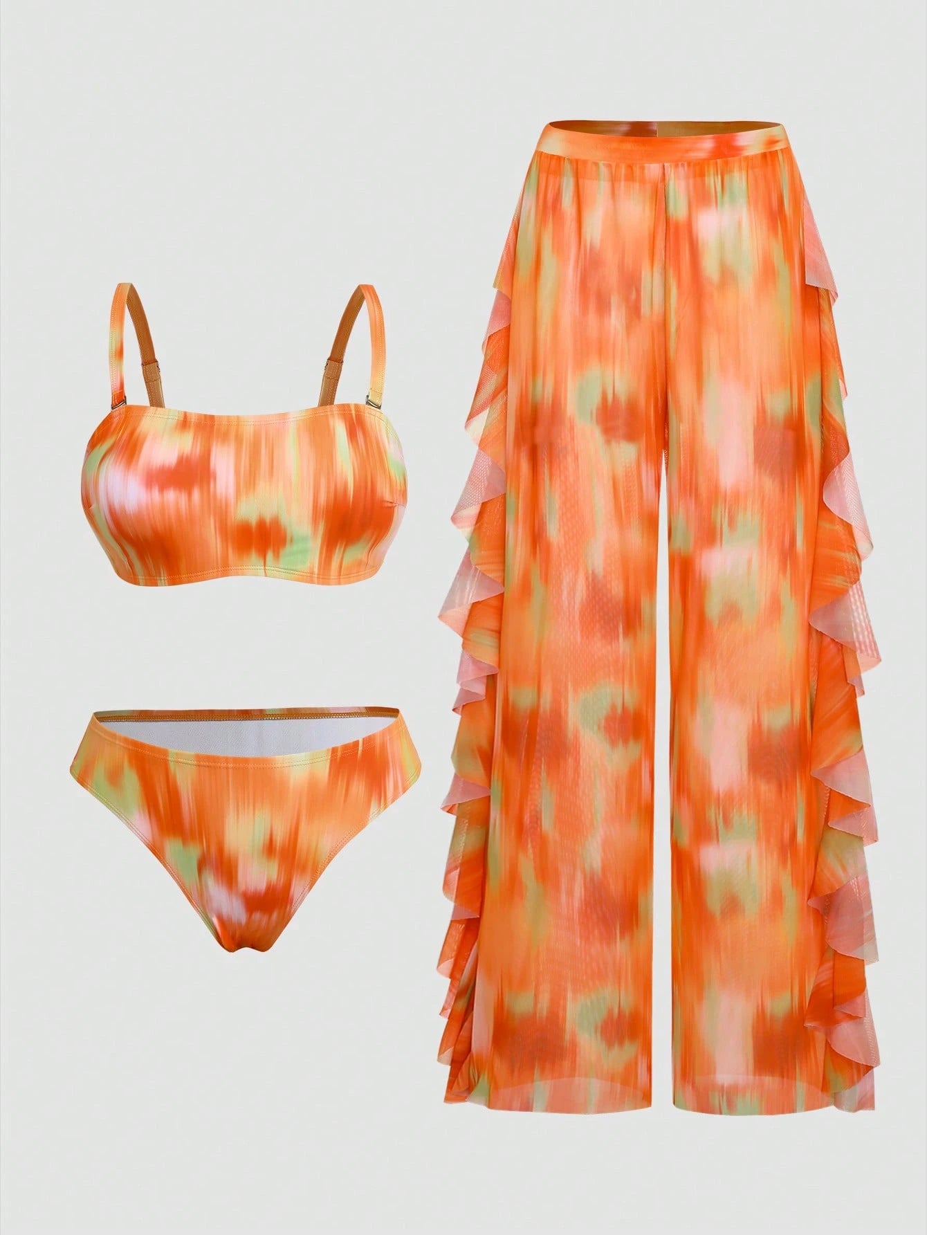 Slaydiva Plus Size Women Tie-Dye Halter Top & Triangle Bottoms Swimwear With Mesh Cover Up Pants 3-Piece Set