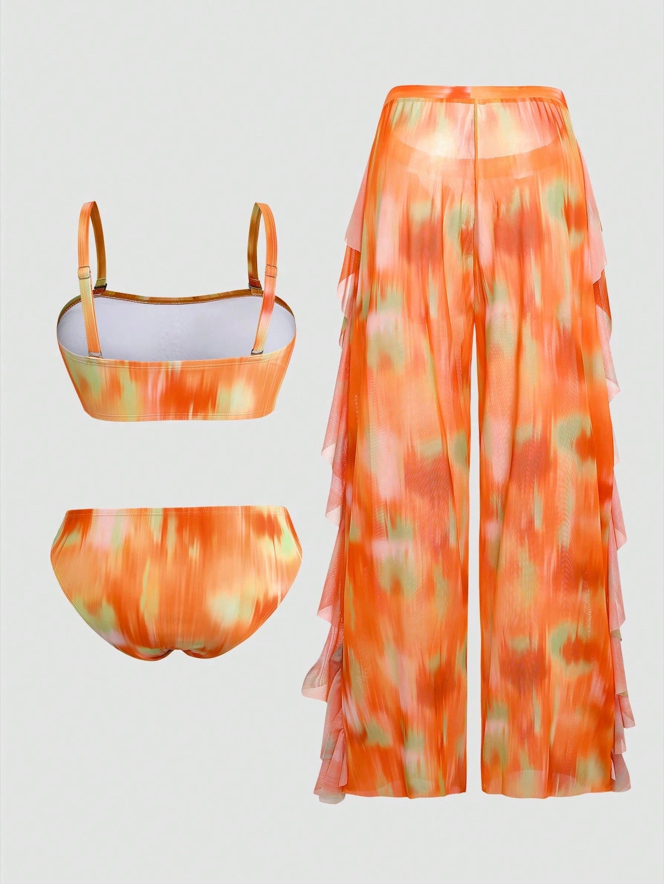 Slaydiva Plus Size Women Tie-Dye Halter Top & Triangle Bottoms Swimwear With Mesh Cover Up Pants 3-Piece Set