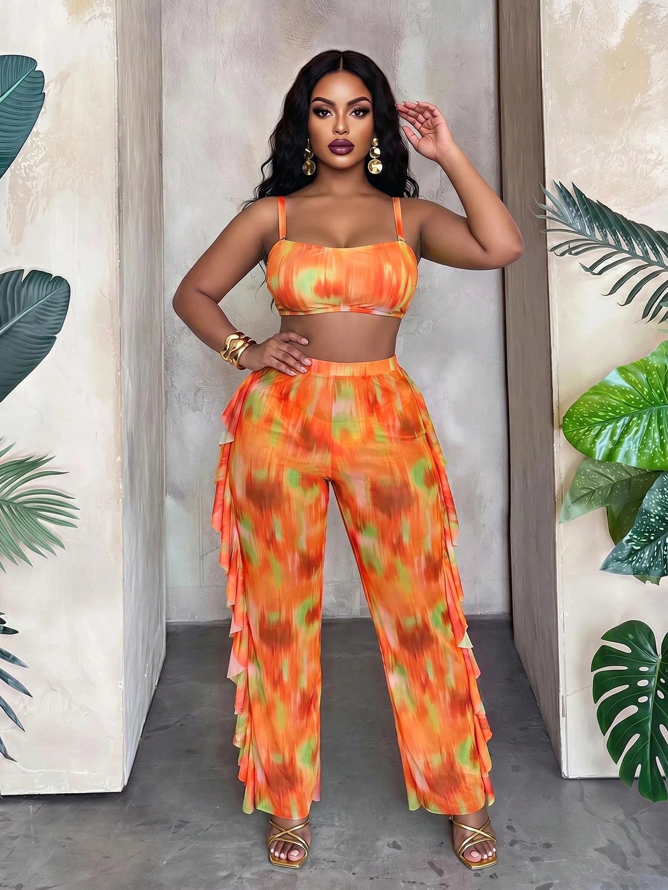Slaydiva Plus Size Women Tie-Dye Halter Top & Triangle Bottoms Swimwear With Mesh Cover Up Pants 3-Piece Set