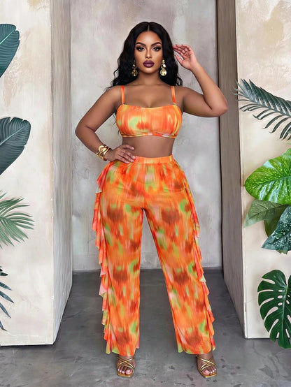 Slaydiva Plus Size Women Tie-Dye Halter Top & Triangle Bottoms Swimwear With Mesh Cover Up Pants 3-Piece Set