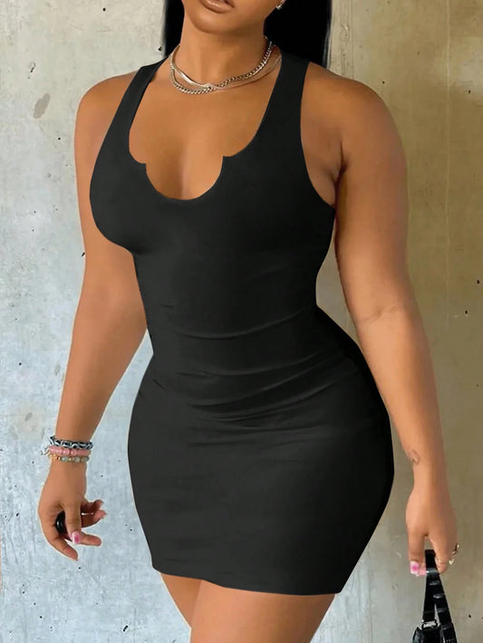 Slaydiva Sexy Casual Minimalist Versatile Black Thick Strap V-Neck Fitted Mini Dress For Women, Summer Chic Dress
