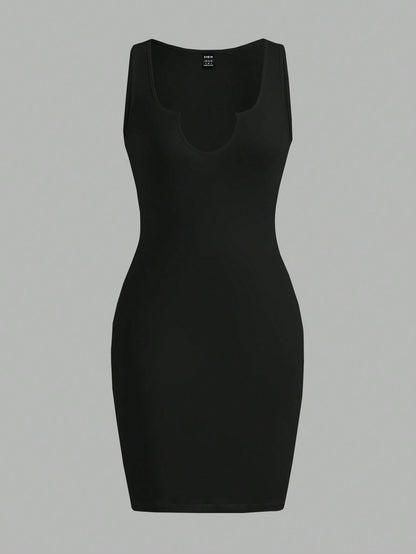 Slaydiva Sexy Casual Minimalist Versatile Black Thick Strap V-Neck Fitted Mini Dress For Women, Summer Chic Dress