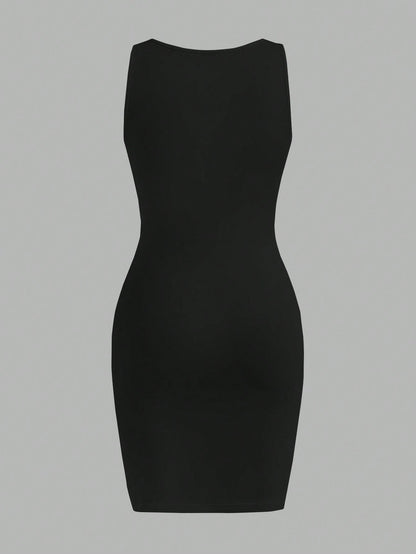 Slaydiva Sexy Casual Minimalist Versatile Black Thick Strap V-Neck Fitted Mini Dress For Women, Summer Chic Dress