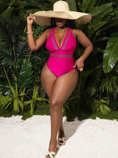 Slaydiva Sexy Deep V-Neck Mesh Panel Camisole One Piece Swimsuit With Crisscross Strap For Plus Size For Summer Beach Vacation