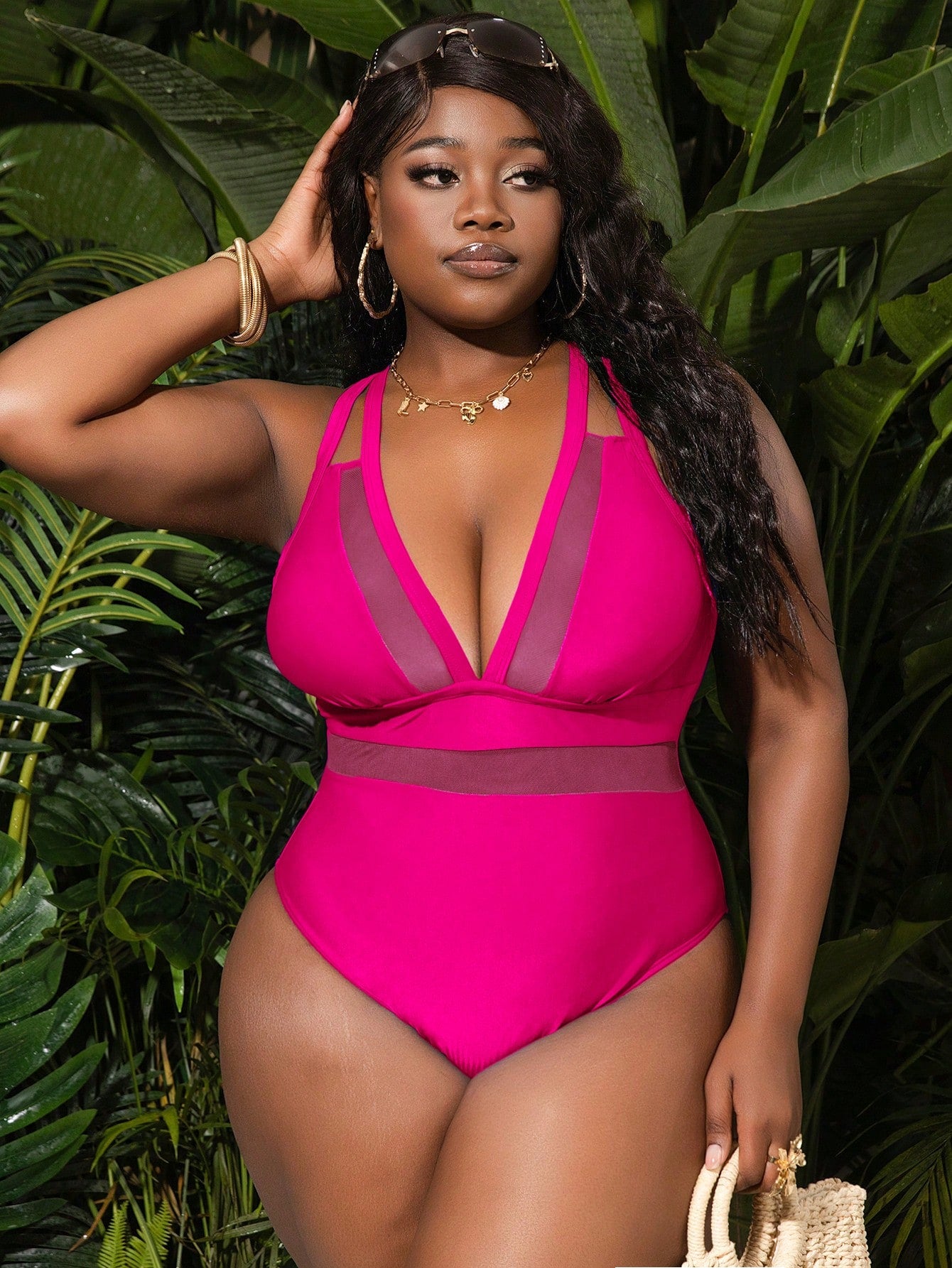 Slaydiva Sexy Deep V-Neck Mesh Panel Camisole One Piece Swimsuit With Crisscross Strap For Plus Size For Summer Beach Vacation