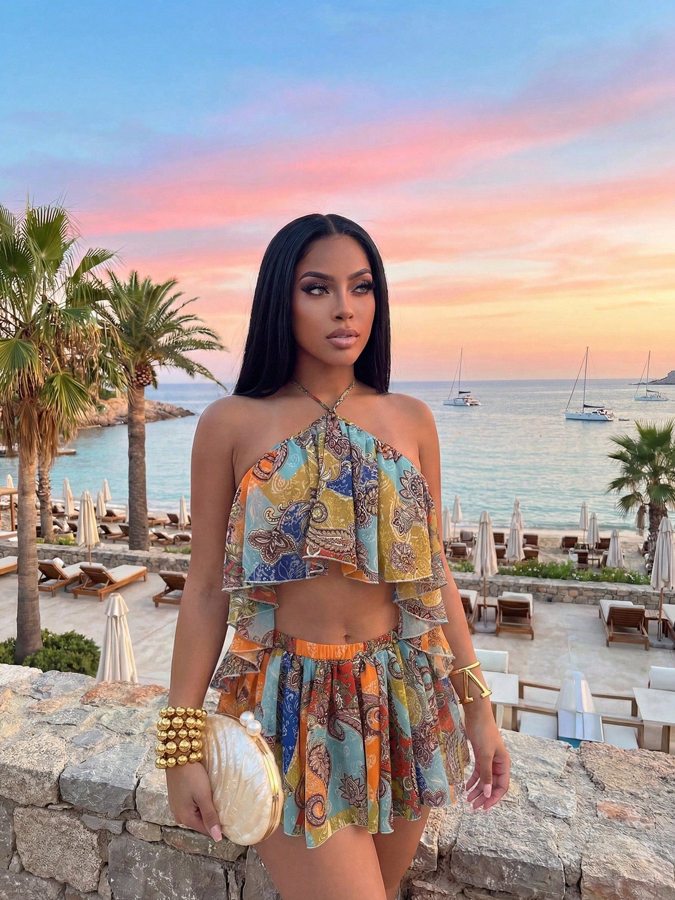 Slaydiva Slayr 2026 Blue Chiffon Special Print Ruffled Strap Jumpsuit Swimsuit Cover Up,Elegant Boho Summer Beach Holiday Holiday Casual Vacation Wear