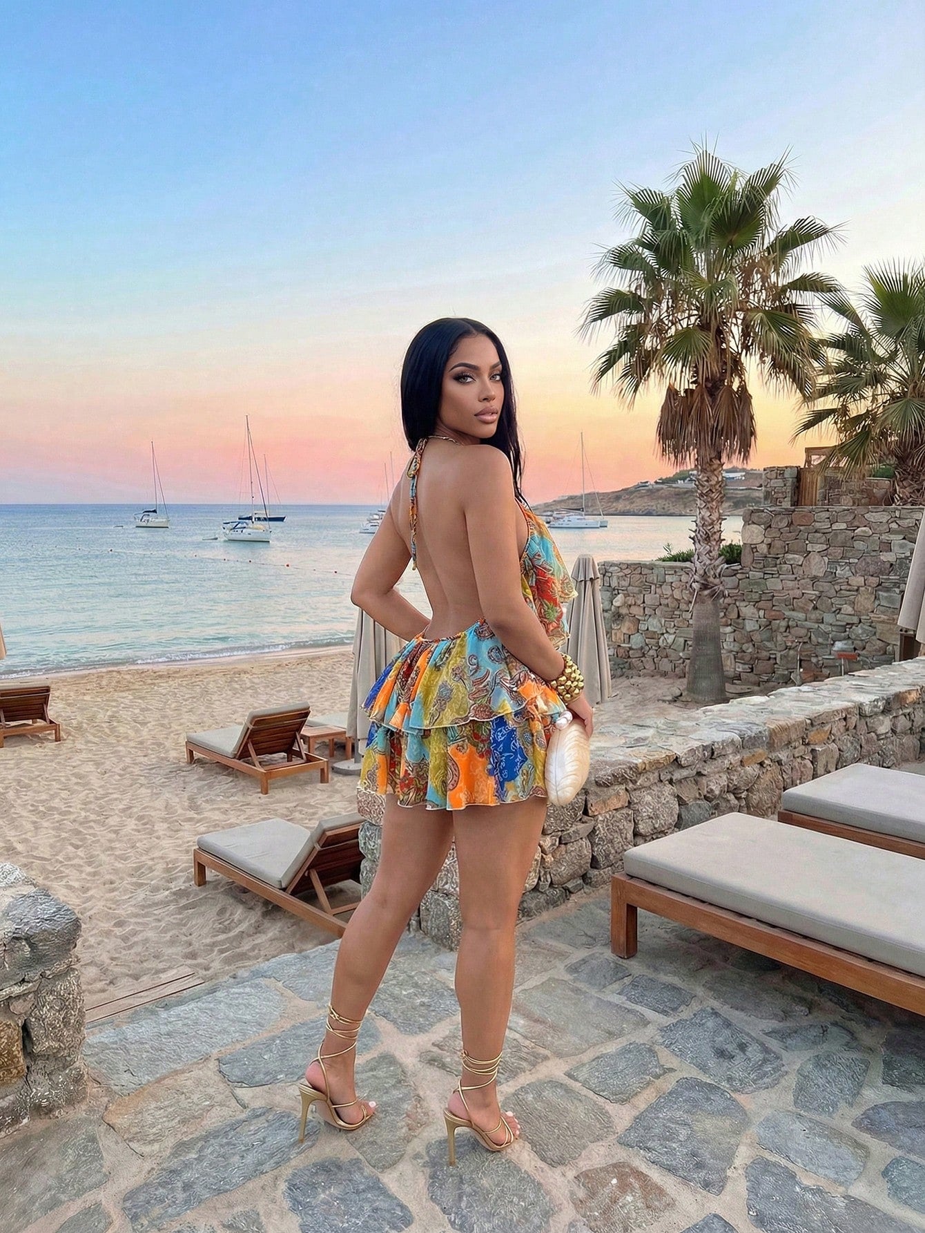Slaydiva Slayr 2026 Blue Chiffon Special Print Ruffled Strap Jumpsuit Swimsuit Cover Up,Elegant Boho Summer Beach Holiday Holiday Casual Vacation Wear